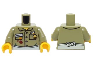 LEGO onderdeel Torso Shirt Button Down with Pockets, Name Tag, Smiley Face Button and White Apron on Front and Back Pattern / Olive Green Arms / Yellow Hands (973pb1826c01)