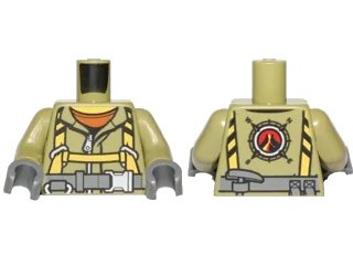 LEGO onderdeel Torso Volcano Explorer Jumpsuit with Dark Bluish Gray Belt and Yellow Harness Front, Volcano Logo Back Pattern / Olive Green Arms / Dark Bluish Gray Hands (973pb2453c01)
