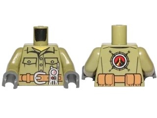 LEGO onderdeel Torso Volcano Explorer Shirt with Belt and Radio Front, Volcano Logo Back Pattern / Olive Green Arms / Dark Bluish Gray Hands (973pb2454c01)