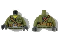 LEGO onderdeel Torso Volcano Explorer Female Shirt with Belt and Shoulder Ropes Front, Volcano Logo Back Pattern / Olive Green Arms / Dark Bluish Gray Hands 973pb2471c01