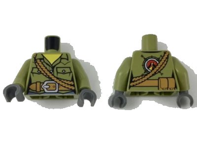 LEGO onderdeel Torso Volcano Explorer Female Shirt with Belt and Shoulder Ropes Front, Volcano Logo Back Pattern / Olive Green Arms / Dark Bluish Gray Hands (973pb2471c01)