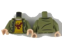 LEGO part Torso Female Jacket with Silver Zipper, Light Nougat Neck, Bright Light Orange Shirt with Dark Red Raptor Pattern / Olive Green Arms / Light Nougat Hands 973pb3154c01
