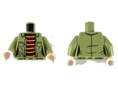 LEGO onderdeel Torso Female Jacket with Pockets and Dark Red Shirt with 6 Yellow Stripes Pattern / Olive Green Arms / Light Nougat Hands (973pb3566c01)