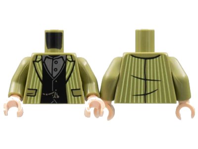 LEGO onderdeel Torso Jacket with White Pinstripes, Black Vest, Dark Bluish Gray Shirt, Silver Waistcoat Chain Pattern / Olive Green Arms / Light Nougat Hands (973pb4823c01)