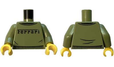 LEGO onderdeel Torso Sweater with Black Ferrari Logo and Wrinkles Pattern / Olive Green Arms / Yellow Hands (973pb5807c01)