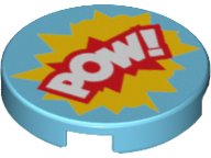 LEGO part Carreau, Rond 2 x 2 with Bottom Stud Holder with 'POW!' in Yellow and Red Starburst Explosion Pattern 14769pb172
