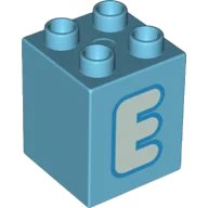 LEGO part Duplo, Brick 2 x 2 x 2 with Light Aqua Capital Letter E with Dark Azure Outline Pattern 31110pb148