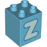 LEGO onderdeel Duplo, Brick 2 x 2 x 2 with Light Aqua Capital Letter Z with Dark Azure Outline Pattern (31110pb169)