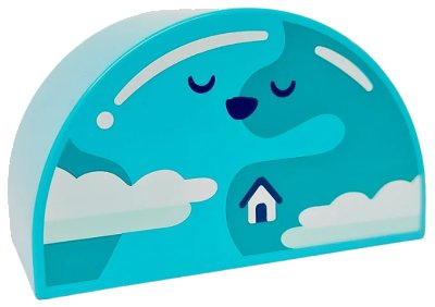 LEGO onderdeel Duplo, Brick 2 x 4 x 2 Slope Curved Double with Earth with House, Black Closed Eyes and Nose, Dark Turquoise Land and White Clouds Pattern (31213pb046)