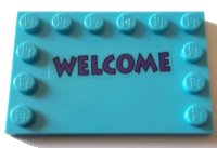 LEGO part Tile, Modified 4 x 6 with Studs on Edges with Dark Purple 'WELCOME' Pattern (Sticker) - Set 71016 6180pb112