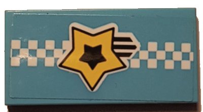 LEGO onderdeel Tile 2 x 4 with Yellow and Black Shooting Star and White Checkered Stripe Pattern (Sticker) - Set 41352 (87079pb1032)