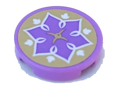 LEGO onderdeel Tile, Round 2 x 2 with Bottom Stud Holder with Gold Cushion, White Leaves and Medium Lavender Flower Pattern (Sticker) - Set 41075 (14769pb049solid)