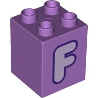 LEGO onderdeel Duplo, Brick 2 x 2 x 2 with Lavender Capital Letter F with Dark Purple Outline Pattern (31110pb149)