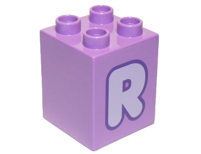 LEGO onderdeel Duplo, Brick 2 x 2 x 2 with Lavender Capital Letter R with Dark Purple Outline Pattern (31110pb160)