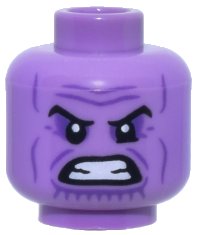 LEGO onderdeel Minifigure, Head Alien Black Eyebrows, Dark Purple Eye Shadow, Wrinkles, and Chin Lines, Furrowed Brow, Bared Teeth Pattern - Hollow Stud 3626pb3010