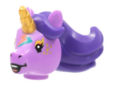 LEGO onderdeel Minifigure, Head, Modified Unicorn with Molded Dark Purple Mane and Printed Gold Horn, Freckles, and Dark Turquoise and Coral Lightning Bolts Pattern (70751pb02)