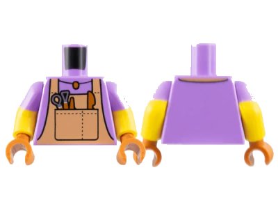 LEGO onderdeel Torso Nougat Overalls, Dark Orange Pendant Necklace and Tools Pattern / Yellow Arms with Molded Medium Lavender Short Sleeves Pattern / Dark Orange Hands (973pb4975c01)