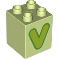LEGO onderdeel Duplo, Brick 2 x 2 x 2 with Lime Capital Letter V with Green Outline Pattern (31110pb165)
