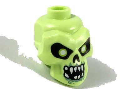LEGO onderdeel Minifigure, Head, Modified Skull with Black Eyes, Nose, Mouth, White Pupils, Teeth and Sand Green Around Mouth Pattern (43693pb05)