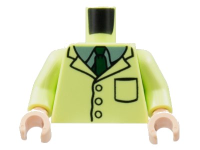LEGO onderdeel Torso Lab Coat, Sand Green Collar, Dark Green Tie Pattern / Yellowish Green Arms / Light Nougat Hands (973pb4698c01)