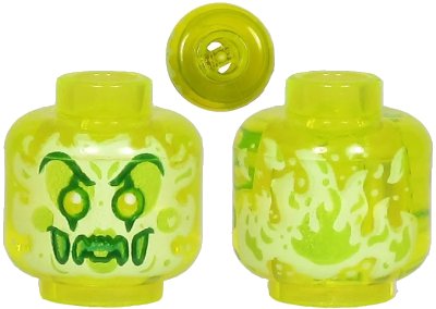 LEGO onderdeel Minifigure, Head Alien Ghost Clown with Yellowish Green Face, Large Raised Eyebrows, Pointed Eyes and Flames in Back Pattern - Vented Stud (3626pb3332)