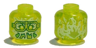 LEGO onderdeel Minifigure, Head Alien Ghost with Yellowish Green Face, Slime Mouth, Glasses and Flames in Back Pattern - Vented Stud (3626pb3334)