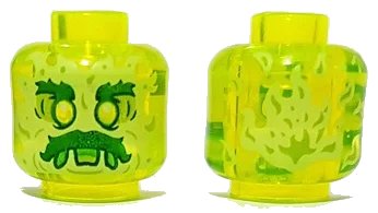 LEGO onderdeel Minifigure, Head Alien Ghost with Yellowish Green Face, Bushy Eyebrows, Moustache and Flames in Back Pattern - Vented Stud (3626pb3340)