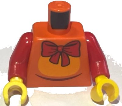 LEGO onderdeel Torso Animal Costume with Orange Stomach, Dark Brown Line and Red Bow, Buttons on Back Pattern (BAM) / Red Arms / Yellow Hands (973pb6562c01)