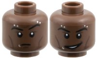 LEGO part Minifigure, Head Dual Sided, Black Eyebrows, Dark Brown Cheek Lines, Silver Piercings and Lip Ring, Raised Eyebrow Left / Lopsided Grin Pattern 3626pb3948