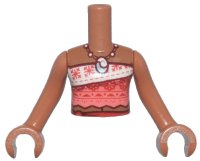 LEGO part Torso Mini Doll Girl White and Coral Strapless Top with Red Snowflakes and Flowers, Beaded Necklace with Metallic Light Blue Pendant, Tied Sash Belt Pattern, Sienna Arms with Hands FTGpb480c01