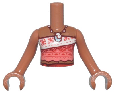 LEGO onderdeel Torso Mini Doll Girl White and Coral Strapless Top with Red Snowflakes and Flowers, Beaded Necklace with Metallic Light Blue Pendant, Tied Sash Belt Pattern, Sienna Arms with Hands (FTGpb480c01)