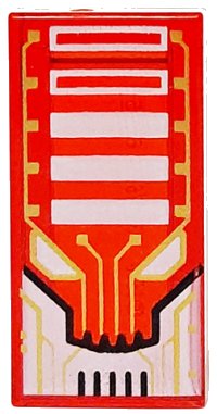LEGO part Tile 1 x 2 with Alien Robot Face with Gold Circuitry, Black Lines, White Eyes and Rectangles Pattern 3069pb1323