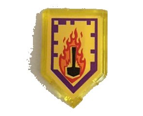 LEGO part Mattonella, Modificata 2 x 3 Pentagonale con Nexo Power Shield Pattern - Flame Wreck (22385pb047)