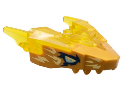 LEGO part Dragon Head (Ninjago) Jaw Upper with Horns with Molded Pearl Gold Face and Printed Metallic Light Blue Eyes and Bright Light Yellow Electricity Pattern (82276pb05)