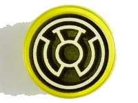 LEGO part Tile, Round 1 x 1 with Black and White Yellow Lantern Logo Pattern 98138pb114