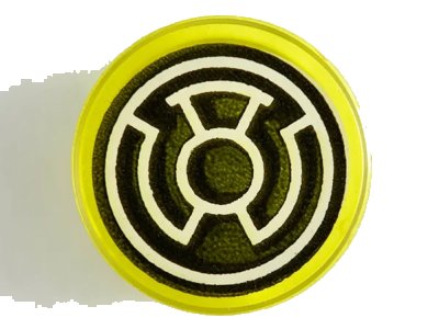 LEGO onderdeel Tile, Round 1 x 1 with Black and White Yellow Lantern Logo Pattern (98138pb114)