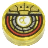 LEGO part Tile, Round 1 x 1 with White, Silver, Red, and Gold Robotic Eye, Red Outside Circle Pattern 98138pb359