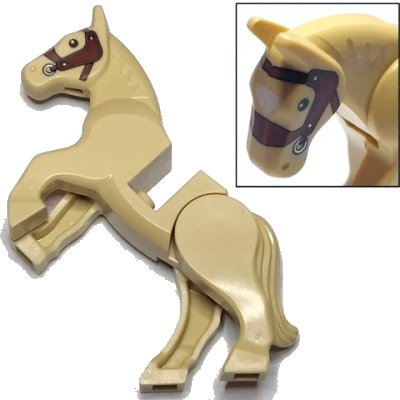 LEGO onderdeel Horse, Movable Legs with Black Eyes, White Pupils, Reddish Brown Bridle and White Blaze Pattern (10352c01pb07)