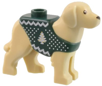LEGO onderdeel Dog, Labrador / Rescue Dog with Molded Dark Green Vest and Printed White and Gold Knit Fair Isle Holiday Sweater Pattern (105143pb04)