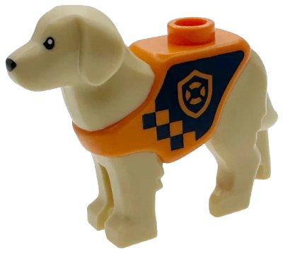 LEGO onderdeel Dog, Labrador / Rescue Dog with Molded Orange Vest and Printed Dark Blue Panel and Squares with Coast Guard Logo Badge Pattern (105143pb05)
