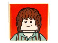 LEGO part Tile, Modified 2 x 2 Inverted with Brown-Haired Hobbit on Red Background Pattern 11203pb004