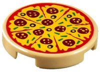 LEGO part Baldosa, Redonda 2 x 2 con Soporte de Espiga Inferior con Patrón de Pizza Rebanada con Salsa de Tomate Roja, Queso Amarillo, Pepperoni Rojo Oscuro, Aceitunas Negras y Pimientos Verdes 14769pb160