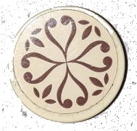 LEGO part Tile, Round 2 x 2 with Bottom Stud Holder with Reddish Brown Elves Scrollwork on Tan Background Pattern (Sticker) - Set 41173 14769pb359