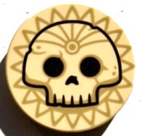 LEGO part Tile, Round 2 x 2 with Bottom Stud Holder with Black Skull Outline on Dark Tan Sun Pattern 14769pb602