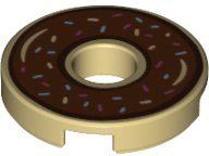 LEGO part Tile, Round 2 x 2 with Hole with Donut / Doughnut with Reddish Brown Chocolate Frosting and Sprinkles Pattern 15535pb06