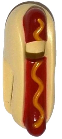 LEGO onderdeel Minifigure, Headgear Head Cover, Costume Hot Dog with Dark Red Sausage and Yellow Mustard Pattern (18819pb01)