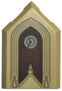 LEGO part Tuile, Modifiée 2 x 3 Pentagonale avec Motif Arcs Marron Tan Foncé et Flèches, Horloge Gris Bleuâtre Clair, Fenêtre Rouge Rougeâtre avec Treillis Marron Foncé 22385pb308