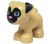 LEGO onderdeel Hond, Friends, Pug, Staand met Zwart Gemuilkorf Gezicht en Oren, Helder Roze Neus en Donkerblauw Ogen Patroon (Toffee) 24111pb01