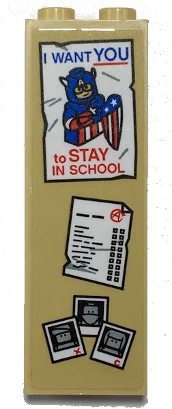 LEGO onderdeel Brick 1 x 2 x 5 with Notice Board with Captain America 'I WANT YOU TO STAY IN SCHOOL' Poster and Polaroid Photographs Pattern (Sticker) - Set 76108 (2454pb177)