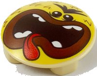 LEGO part Plate, Round 2 x 2 with Rounded Bottom with Angry Face, Dark Brown Hair, Reddish Brown Lips, and Wide Open Mouth with Teeth and Tongue Pattern 2654pb013